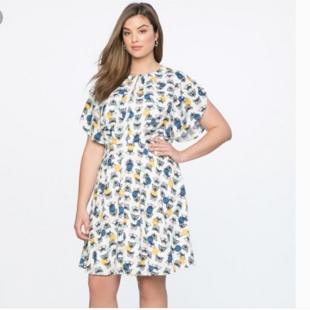 Eloquii Womens Butterfly Print lined Dress Flutter Sleeve Keyhole Size plus 18.